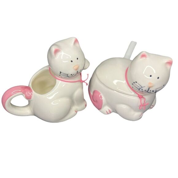 Vintage Mount Clemens Pottery Cozy Cats Ceramic Covered Sugar & Cream Set W/ Box - Picture 2 of 7
